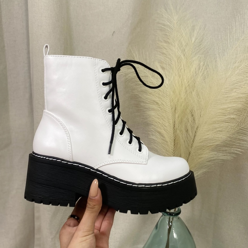 White Lace Up Platform Combat Boots - Picture 4 of 12